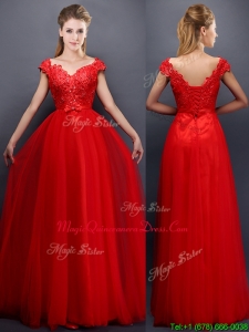Classical Beaded V Neck Red Dama Dresses with Cap Sleeves
