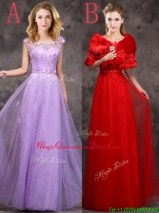 Discount Beaded and Applique Cap Sleeves Long Dama Dresses in Tulle