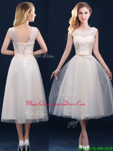 Best Selling See Through Champagne Dama Dresses with Appliques and Belt