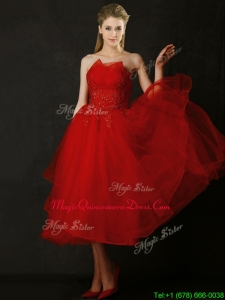 Elegant Tea Length Applique Red Dama Dresses with Asymmetrical Neckline
