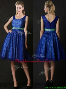 New Arrivals Belted and Laced Blue Dama Dresses in Knee Length
