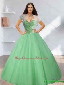 2015 Custom Made Sweetheart Beading Tulle Quinceanera Dresses in Light Green