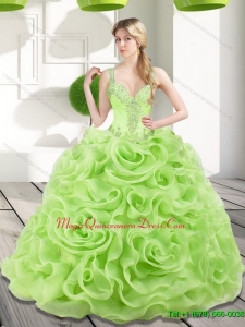 Custom Made Beading and Rolling Flowers Spring Green 2015 Sweet 15 Quinceanera Dresses