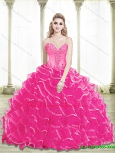 2015 Fashionable Beading and Ruffled Layers Sweetheart Quinceanera Gowns in Hot Pink