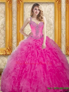 Custom Made Hot Pink Dress for Quinceanera with Beading and Ruffles