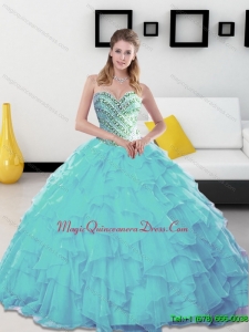 Fashionable 2015 Beading and Ruffles Sweetheart Aqua Blue Quinceanera Gowns