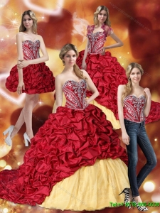 Fashionable Embroidery Wine Red and Yellow Quinceanera Gowns