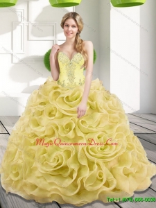 2015 Hot Sale Beading and Rolling Flowers Gold Sweet 15 Quinceanera Dresses