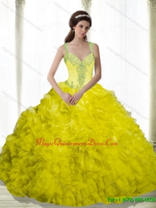 2015 Hot Sale Yellow Beading and Ruffles Sweetheart Dresses for a Quinceanera