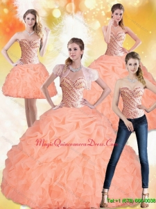 Hot Sale 2015 Sweetheart Peach Quinceanera Dresses with Beading and Pick Ups