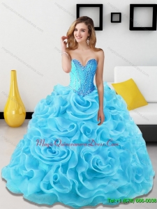 Hot Sale Beading and Rolling Flowers Sweetheart Sweet 15 Quinceanera Dresses in Aqua Blue for 2015