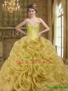 Hot Sale Sweetheart Beading and Rolling Flowers Gold 2015 Quinceanera Dresses