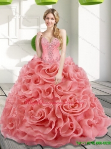 Luxury Beading and Rolling Flowers 2015 Watermelon Sweet 15 Quinceanera Dresses