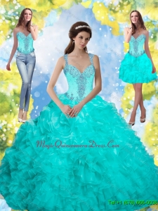 Puffy 2015 Beading and Ruffles Quinceanera Gowns in Aqua Blue