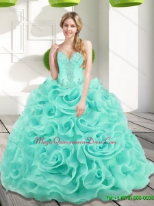 Puffy Beading and Rolling Flowers 2015 Sweet 15 Quinceanera Gowns in Aqua Blue