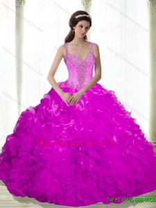Puffy Beading and Ruffles Sweetheart Fuchsia 2015 Gowns for a Quinceanera
