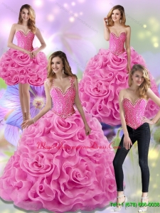 Puffy Rose Pink 2015 Sweet 15 Quinceanera Gowns with Beading and Rolling Flowers