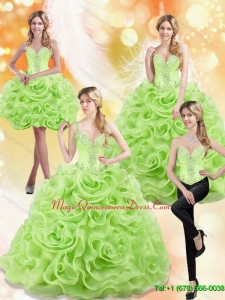 Puffy Spring Green 2015 Sweet 15 Quinceanera Gowns with Beading and Rolling Flowers