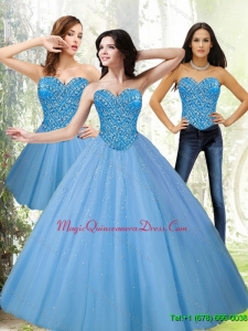 Puffy Tulle Sweetheart Beading Blue Quinceanera Gowns for 2015