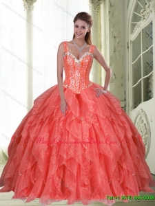 2015 Puffy Beading and Ruffles Coral Red Sweet Sixteen Quinceanera Gowns with Sweetheart
