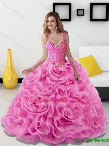 2015 Romantic Beading and Rolling Flowers Rose Pink Sweet 15 Quinceanera Dresses