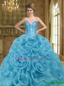 Puffy Beading and Rolling Flowers Baby Blue 2015 Quinceanera Gown
