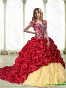 Puffy Embroidery Sweet 15 Quinceanera Gowns in Wine Red and Yellow