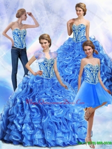 Puffy Embroidery and Ruffles Royal Blue Sweet 15 Quinceanera Gowns