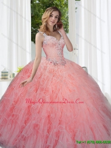 Puffy Watermelon Sweet 15 Quinceanera Gowns with Beading and Ruffles