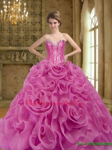 2015 Romantic Fuchsia Quinceanera Dresses with Beading and Rolling Flowers