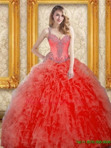 Romantic Beading and Ruffles Coral Red Quinceanera Dress