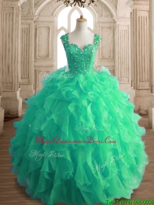 Affordable Beaded and Ruffled Straps Quinceanera Dress in Spring Green