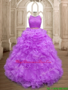 Wonderful Beaded and Ruffled Scoop Sweet 16 Dress in Lilac