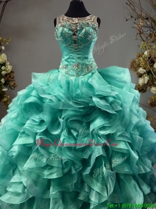 See Through Scoop Turquoise Sweet 16 Dress with Beading and Ruffles