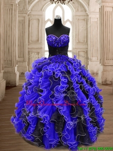 Best Beaded and Ruffled Quinceanera Dress in Black and Royal Blue
