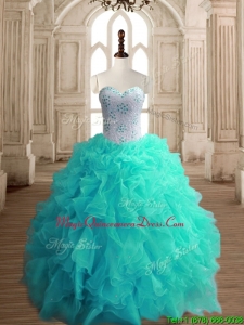 Classical Turquoise Organza Sweet 16 Dress with Beading and Ruffles