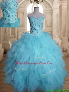 Latest Beaded and Ruffled Tulle Quinceanera Dress in Baby Blue