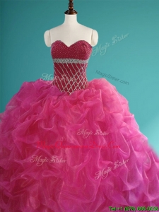 Gorgeous Beaded and Pick Ups Organza Sweet 16 Dress in Fuchsia