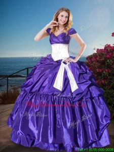 Affordable Off the Shoulder Cap Sleeves Quinceanera Gown with Belt and Pick Ups