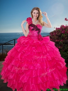 Fashionable One Shoulder Sweet 16 Gown with Ruffled Layers and Handmade Flowers