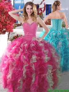 New Arrivals Beaded and Ruffled Quinceanera Gown in Hot Pink and Champagne