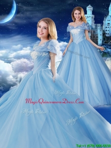 Off the Shoulder Brush Train Applique Quinceanera Gown with Removable Cap Sleeves