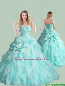 Popular Spaghetti Straps Brush Train Quinceanera Dress with Handcrafted Flowers and Bubbles