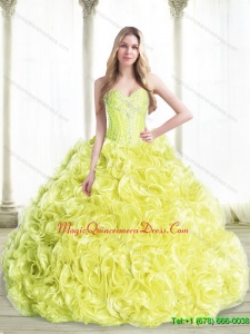Cheap Beaded Fashionable Quinceanera Gown with Rolling Flowers in Yellow