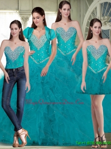 Discount Sweetheart Fashionable Quinceanera Gown with Beading and Ruffles in Turquoise