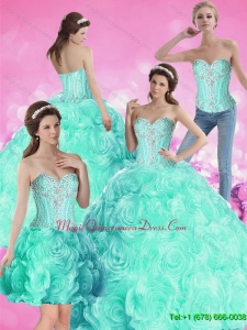 2015 Puffy Ball Gown Beaded Quinceanera Dresses with Rolling Flowers