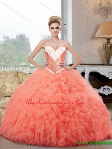 2015 Puffy Ball Gown Watermelon Quinceanera Dresses with Beading