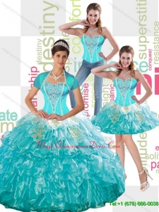 Puffy Beaded Aqua Blue Quinceanera Dress with Ruffled Layers and Appliques