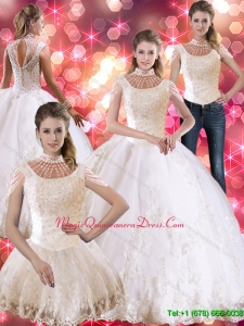 Puffy Laceed and Beaded Quinceanera Dress with Cap Sleeves