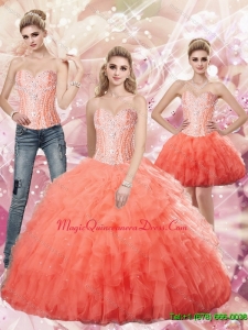 Puffy Watermlon Ball Gown Sweetheart and Beaded Quinceanera Dresses